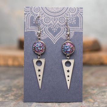 Magenta Druzy Triple Star Triangle Stainless Steel Earrings