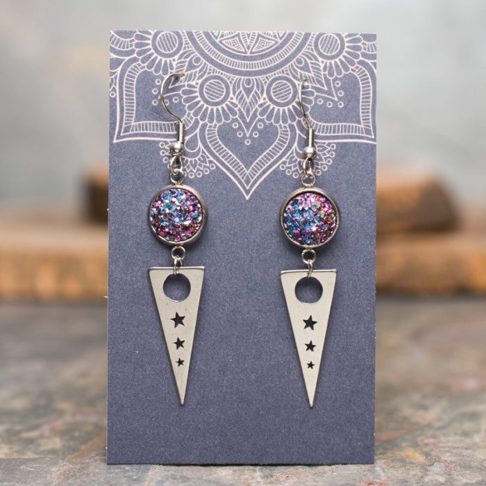 Magenta Druzy Triple Star Triangle Stainless Steel Earrings