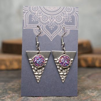 Magenta Druzy Hammered Triangle Stainless Steel Earrings