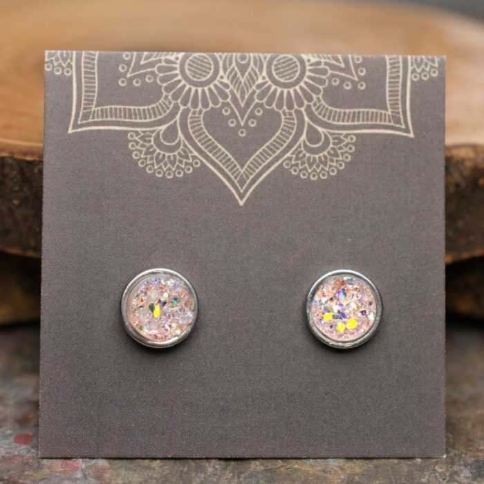 Sparkly Pink Blush Druzy Surgical Steel Stud Earrings