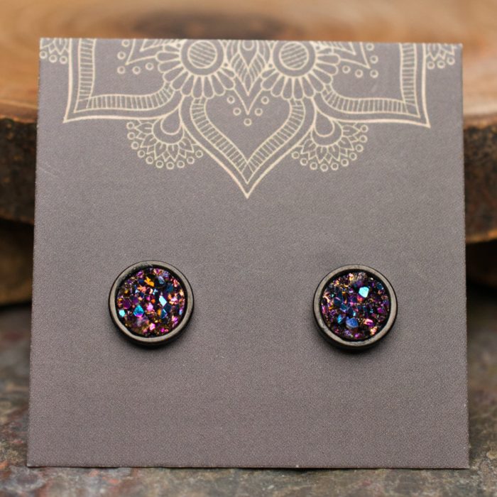 Sparkly Magenta Druzy Stainless Steel Stud Earrings