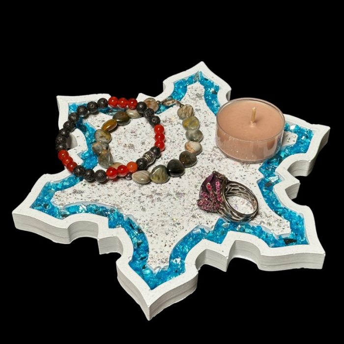 Blue Snowflake Eco Resin Vanity Tray with Glass Border